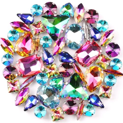 COQALINEX Kristalle nähen, Silberne Krallenfassung for Nähen von Strasssteinen, 50 Stück/Beutel, 11 Formen, Mix Violett AB, Glaskristall, DIY-Besatz(50Pcs Rainbow Mix) von COQALINEX