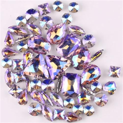 COQALINEX Kristalle nähen, Silberne Krallenfassung for Nähen von Strasssteinen, 50 Stück/Beutel, 11 Formen, Mix Violett AB, Glaskristall, DIY-Besatz(Violet AB 50Pcs) von COQALINEX