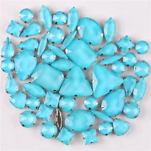 COQALINEX Kristalle nähen, Silberne Krallenfassungen for Aufnähen von Strasssteinen, 50 Stück/Beutel, Formenmix, Aquamarin, Glaskristall, DIY-Applikation(50pcs Aquamarine) von COQALINEX