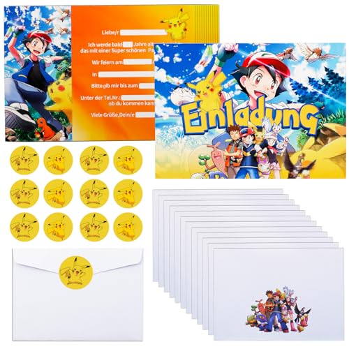 COQOYO Einladungskarten Kindergeburtstag Jungen Mädchen, 12pcs Geburtstag Einladungen auf Deutsch, Partyeinladungen mit Bunte Umschläge und Runde Stickers, Cartoon Einladung Set für Kinder Party von COQOYO