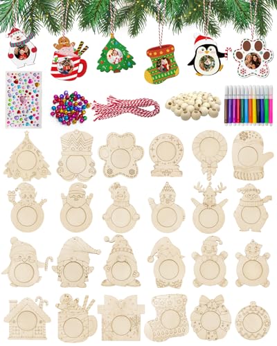 CORALMEE 24 Stück Bilder-Ornamente für den Weihnachtsbaum, 24 Stile, Weihnachts-Bilderrahmen-Ornamente mit Stiften zum Bemalen Ihrer eigenen Weihnachtsdekoration, Holz-Foto-Ornament-Rahmen für von CORALMEE