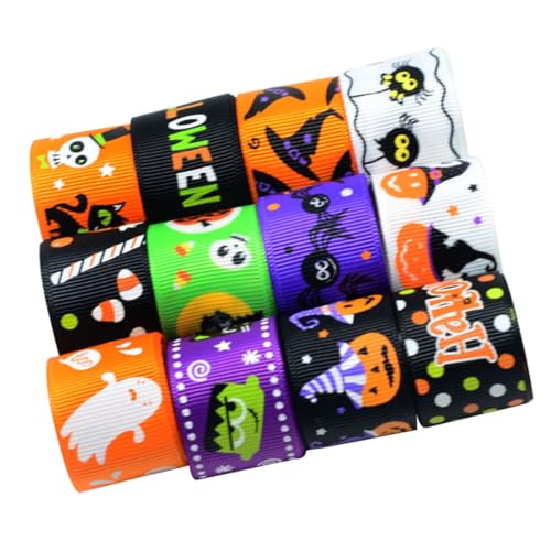 CORHAD 12 Stück Teiliges Halloween Ripsband Set Bunte Druckbänder für DIY Basteln Partydekorationen Langlebig und Farbecht von CORHAD