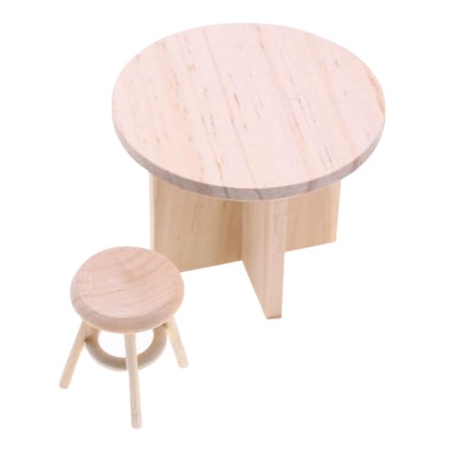 CORHAD Miniatur Holz Möbel Rundes Tisch und Hocker Puppenhaus Zubehör Handgefertigt Unbehandelt Vielseitig für Kleine Räume Wohnaccessoires von CORHAD