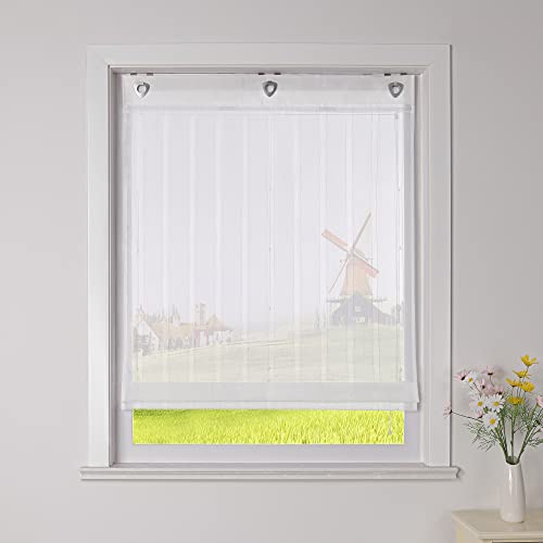 CORLIF Raffrollo Gestreifte Raffgardinen mit Streifen mit Baumwollgarn-Optik Gardinen Landhaus Ösenrollo Küche Transparente Rollos Modern für Fenster ohne Bohren mit Ösen Weiß BxH 100x140 cm 1 Stück von CORLIF