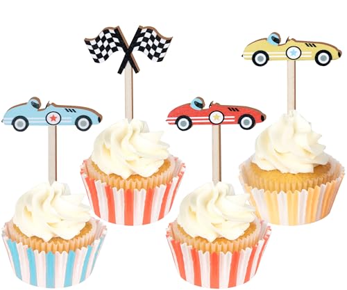 CORNER LACE 16pcs Rennauto Holz Cupcake Toppers, Racing Flagge Cupcake Picks Kuchen Dekorationen Baby Dusche Geburtstag Party Bevorzugungen Supplies von CORNER LACE