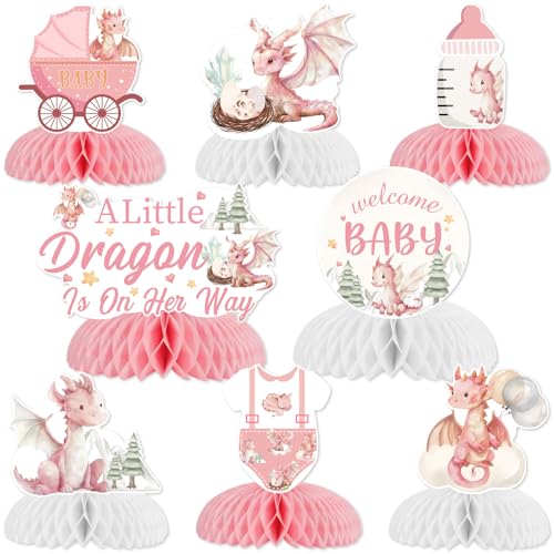 CORNER LACE 8pcs Dragon Theme Baby Dusche Honeycomb Mittelstücke Rosa, ein kleiner Drache ist auf dem Weg Tisch Dekorationen für Mädchen, Willkommen Baby Party Supplies von CORNER LACE