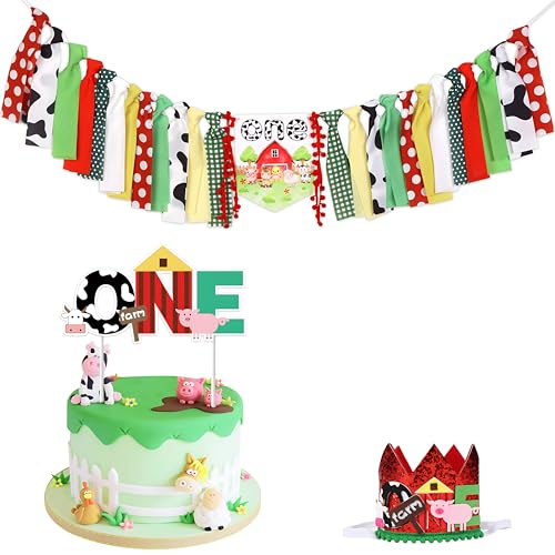 CORNER LACE Bauernhoftier 1. Geburtstag Party Dekorationen Rot Grün Gelb Farm One Hochstuhl Banner Erster Geburtstag Hut Glitzer Krone Kuchen Topper, Ein Jahr Alt Party Supplies Foto Prop von CORNER LACE
