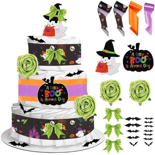 CORNER LACE Halloween-Babyparty-Windelkuchen-Dekorationsset, Orange / Lila, für Geburtstag, Geschlechtsoffenbarung, inklusive pastellfarbenem Regenbogenband, Fliege, Dekorkarte, künstliche Blume von CORNER LACE
