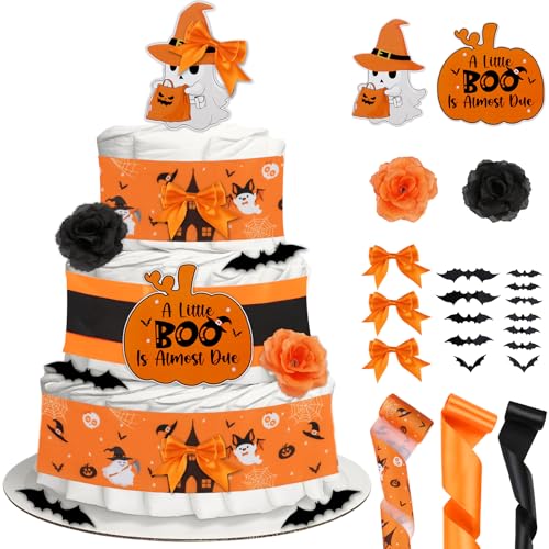 CORNER LACE Halloween-Babyparty-Windelkuchen-Dekorationsset, Orange / Schwarz, für Geburtstag, Geschlechtsoffenbarung, inklusive pastellfarbenem Regenbogenband, Fliege, Dekorkarte, künstliche Blume von CORNER LACE