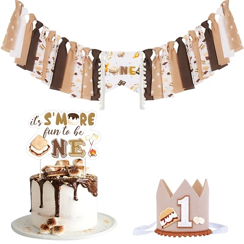 CORNER LACE S'More Party-Dekorationen für den 1. Geburtstag, braun, S'More One Hochstuhl-Banner zum ersten Geburtstag, Hut/Krone, Kuchendekoration, ein Jahr altes Partyzubehör, Foto-Requisite CORNER LACE S'More Party-Dekorationen für den 1. Geburtstag, braun, S'More One Hochstuhl-Banner zum ersten Geburtstag, Hut/Krone, Kuchendekoration, ein Jahr altes Partyzubehör, Foto-Requisite von CORNER LACE