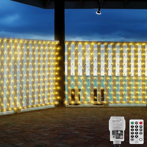 CORST 4.5X1.5M 200LED Lichternetz Außen für Büsche mit Stecker, Mesh Lichterkette Netz Baum Garten Außen Lichterkette, Grüner Draht,mit Fernbedienung und Timer 8Modi für Zimmer(Warmweiss) von CORST