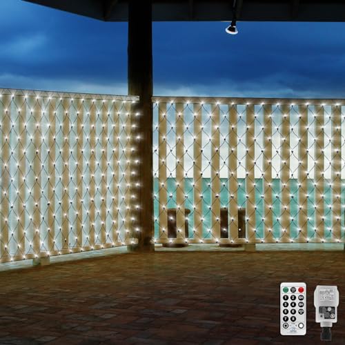 CORST 4.5X1.5M Lichternetz Außen mit Stecker, Mesh Netzlichter Outdoor baum Garten Lichterkette Aussen für Büsche,Wasserfest Grüner Draht,mit Fernbedienung und Timer für Hochzeit Innen(Weiß) von CORST