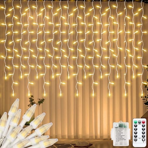 CORST Lichtervorhang für Außen,3X1M Mini LED Fenster Lichterkette Vorhang Batteriebetrieben,Wasserfall Lichter Innen Eiszapfenlichter Kabel weiß, Weihnachtsbaum Lichterkette(Warmweiß) von CORST
