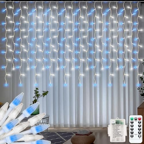 Lichtervorhang für Außen,3X1M Lichterkette vorhang Mini LED Lichterkette Batteriebetrieben,Gartenleuchten Innen Eiszapfenlichter Kabel weiß, Mini Weihnachtsbaum Lichterkette(Blau+Weiss) von CORST