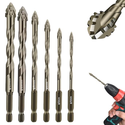 High-Strength 4-Flute Serrated Eccentric Drill Bit Kit, Fliesenbohrer Glasbohrer Set, Bohrer-Set Vierschneidiger Sägezahn-Exzenterbohrer für Keramik Beton Holz (Gold, 4+5+6+8+10+12) von COSEN