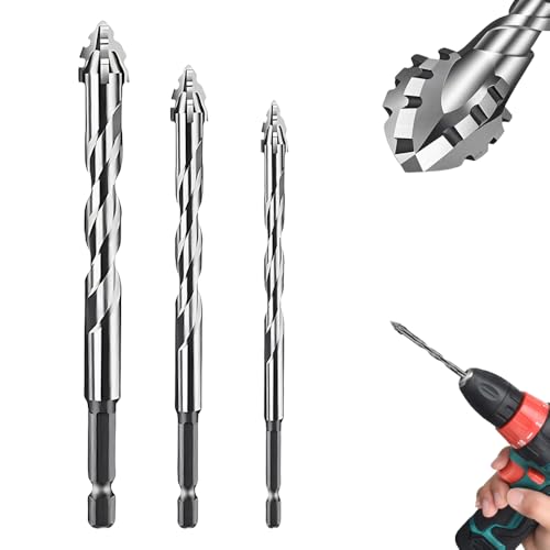 High-Strength 4-Flute Serrated Eccentric Drill Bit Kit, Fliesenbohrer Glasbohrer Set, Bohrer-Set Vierschneidiger Sägezahn-Exzenterbohrer für Keramik Beton Holz (Silber, 6+8+10) von COSEN
