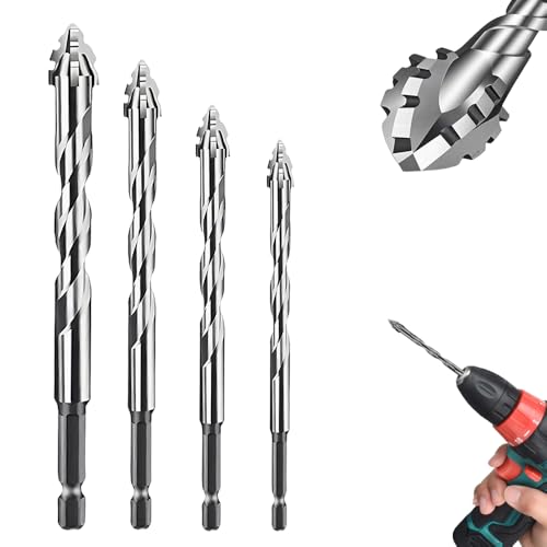 High-Strength 4-Flute Serrated Eccentric Drill Bit Kit, Fliesenbohrer Glasbohrer Set, Bohrer-Set Vierschneidiger Sägezahn-Exzenterbohrer für Keramik Beton Holz (Silber, 6+8+10+12) von COSEN