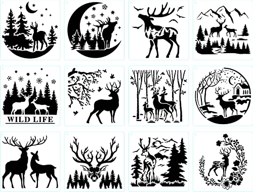 12 Stück Hirschschablonen, Mondbaum-Malschablonen, Waldhirsch-Zeichnungsvorlagen, Tierschablonen für Wandmalerei, Heimdekoration von COSFAN