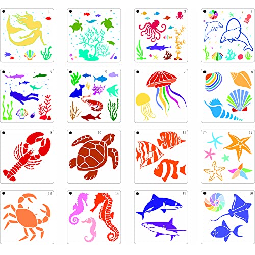 16-teiliges Sea Ocean Creatures Schablonen-Set, Meerestier-Malschablonen, wiederverwendbare Kunststoff-Zeichenschablonen, Meerestier-Malvorlagen für Heimwerker, Heimdekoration, Holzwandfarbe von COSFAN