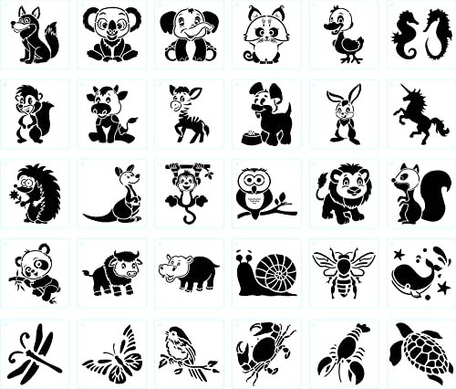 30 Stück Tierschablonen, Cartoon-Tier-Malschablonen, Elefant-Pferd-Schmetterlings-Zeichnungsvorlagen, Kunststoff-Tier-Malschablonen für DIY-Bastelarbeiten von COSFAN