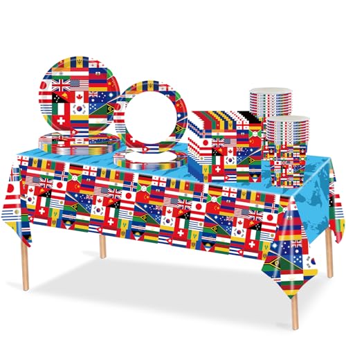 69 Stück Internationale Partygeschirr Set,Servietten Pappteller Pappbecher Tischdecke Geschirr Set,Welt Flaggen Geschirrset Dekoration Tischdeko Zubehör für Internationale Kindergeburtstag Party von COSORO