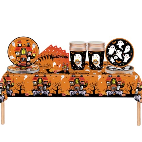 69 Stück Orange Halloween Partygeschirr Set,Servietten Pappteller Pappbecher Tischdecke Geschirr Set,Geister Geschirrset Dekoration Tischdeko Zubehör für Halloween Kindergeburtstag Party von COSORO