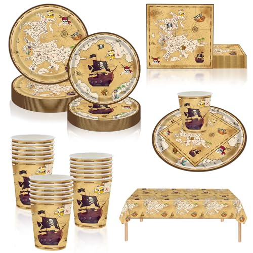 69-teiliges Piraten-Geburtstagsparty-Geschirr-Set, Piratenspiel, Schatzsuche, Thema, Kunststoff-Tischdecke, Pappteller, Servietten, Becher, Geschirr-Set für Jungen, Mädchen, Kinder, Halloween 69-teiliges Piraten-Geburtstagsparty-Geschirr-Set, Piratenspiel, Schatzsuche, Thema, Kunststoff-Tischdecke, Pappteller, Servietten, Becher, Geschirr-Set für Jungen, Mädchen, Kinder, Halloween von COSORO