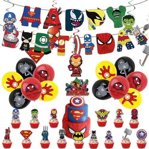 Avengers Superhelden-Geburtstagsparty-Dekorationen für Jungen, Iron Man, Hulk, Spiderman, Geburtstagsbanner, Superhelden-Luftballons, Kuchendekoration, hängende Spirale für Kinder, Jungen, Avengers Superhelden-Geburtstagsparty-Dekorationen für Jungen, Iron Man, Hulk, Spiderman, Geburtstagsbanner, Superhelden-Luftballons, Kuchendekoration, hängende Spirale für Kinder, Jungen, von COSORO