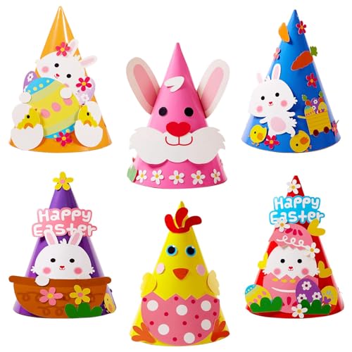 COSORO 6 x Osterhüte für Kinder, Erwachsene, lustiger Hase Huhn Karotte Eierhut Neuheit Kegel Papierhüte kreative Aktivitäten DIY festliche Hut für Osterdekorationen Partygeschenke von COSORO