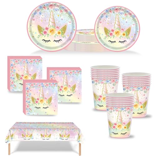 COSORO Einhorn-Partygeschirr mit Papptellern, Bechern, Kunststoff-Tischdecken, Servietten für Einhorn-Dekorationen (Set) von COSORO