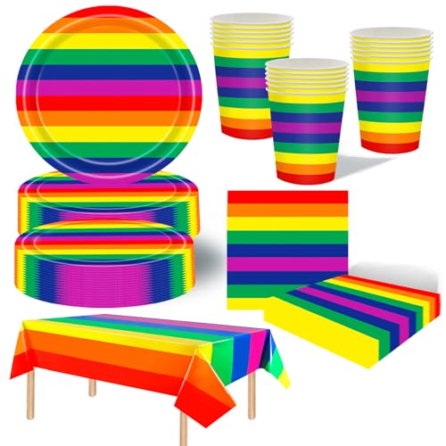 COSORO Regenbogen-Partygeschirr mit Papptellern, Bechern, Kunststoff-Tischdecken, Servietten für Regenbogen-Dekorationen (Set) von COSORO