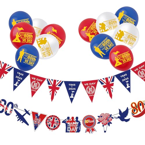 VE Day 80 Jahre Banner und 18 Stück 30,5 cm rot-blau-weiße Latex-Luftballons, Party-Set zum 80. Hochzeitstag, Party-Set für Feier 2025, Sieg in Europa, VE-Tag, 80. Jahrestag, Party-Dekorationen von COSORO