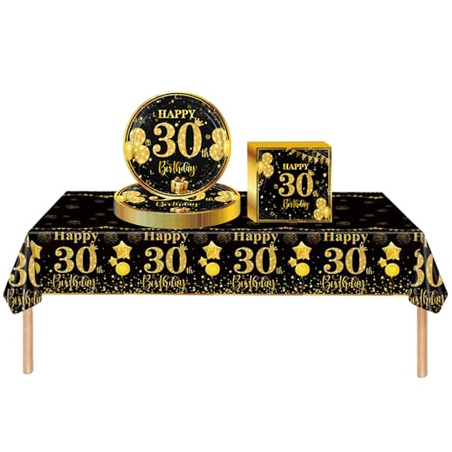 Partygeschirr 30. Geburtstag Männer Frauen,37 Stück Schwarze Gold 30. Geburtstag Dekorationen Tischdecke Papier Platten Servietten für Erwachsene Sie Ihn 30. Geburtstags Geschenk Tischdekoration von COSORO
