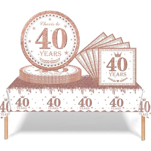 Partygeschirr 40. Geburtstag Roségold Frauen,37 Stück Roségold 40. Geburtstag Dekorationen Tischdecke Papier Platten Servietten für Erwachsene Sie Ihn 40. Geburtstags Geschenk Tischdekoration von COSORO