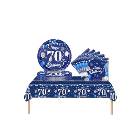 Partygeschirr 70. Geburtstag Männer Frauen,37 Stück Marineblau Silber 70. Geburtstag Dekorationen Tischdecke Papier Platten Servietten für Erwachsene Sie Ihn 70. Geburtstags Geschenk Tischdekoration von COSORO