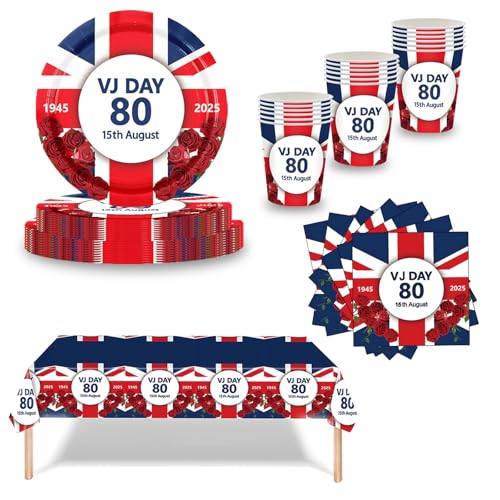 Partygeschirr-Set zum 15. August VJ Day 80. Jahrestag, Party-Geschirr-Set, 2025 VJ Day Dekorationen, Tischdecken, Pappteller, Servietten, Becher für 80 Jahre Sieg in Japan, Tischdekorationen zum 80 Partygeschirr-Set zum 15. August VJ Day 80. Jahrestag, Party-Geschirr-Set, 2025 VJ Day Dekorationen, Tischdecken, Pappteller, Servietten, Becher für 80 Jahre Sieg in Japan, Tischdekorationen zum 80 von COSORO