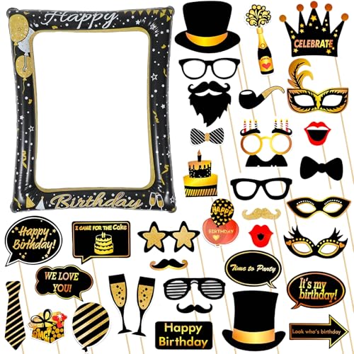 Riesiger aufblasbarer Selfie-Rahmen, Fotokabinenrahmen mit Foto-Requisiten (Geburtstag Schwarz Gold) von COSORO