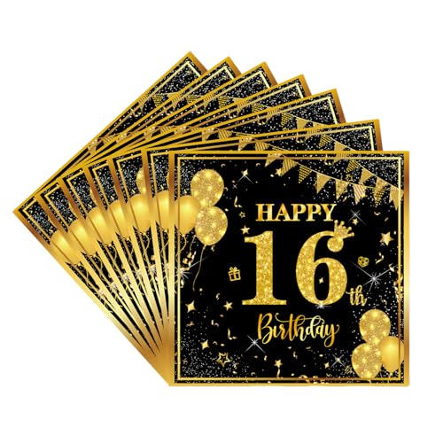 Servietten zum 16. Geburtstag, für Jungen und Mädchen, Schwarz / Gold, 20 Stück Servietten zum 16. Geburtstag, für Jungen und Mädchen, Schwarz / Gold, 20 Stück von COSORO