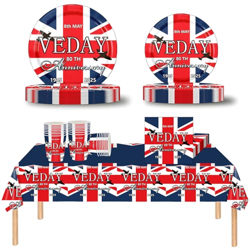 VE DAY Partygeschirr zum 80. Hochzeitstag, Kunststoff-Tischdecke, Pappteller, Becher, Servietten für Ve-Day-Dekorationen (Set) von COSORO