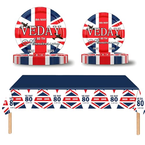 VE DAY Partygeschirr zum 80. Hochzeitstag, Kunststoff-Tischdecke, Pappteller, Becher, Servietten für Ve-Day-Dekorationen (Set 2) von COSORO