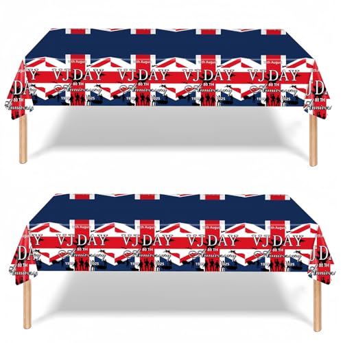 VJ DAY Partygeschirr zum 80. Hochzeitstag, Pappteller, Becher, Servietten, Kunststoff-Tischdecke für Vj-Tage-Dekorationen (Tischdecke, 2 Stück) von COSORO