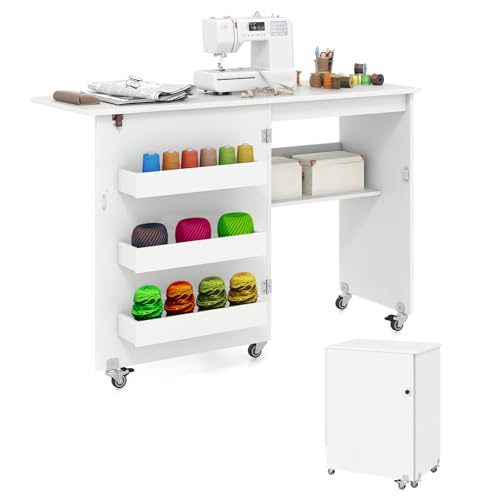 COSTWAY 2 in 1 Nähtisch klappbar, Nähmaschinenschrank aus Holz mit Regalen & Ablagefach, Nähschrank mit abschließbaren Rädern, Nähmaschinentisch Basteltisch für Wohnzimmer, Schlafzimmer (Weiß) von COSTWAY