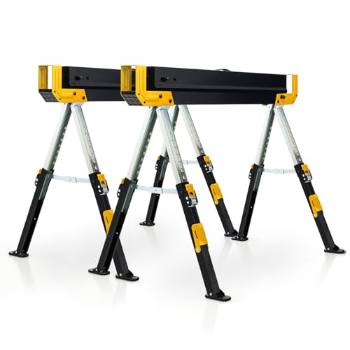 COSTWAY 2 x ​Arbeitsbock höhenverstellbar, bis 1180 kg belastbar, Klappbarer Sägebock, Rutschfeste PVC-Oberseite, Tragbarer Unterstellbock mit Griff, Faltbarer Gerüstbock Klappbock (Gelb+Schwarz) von COSTWAY