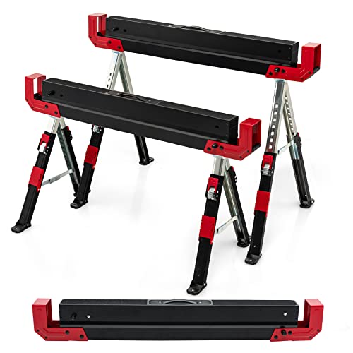 COSTWAY 2 x ​Arbeitsbock höhenverstellbar, bis 1180 kg belastbar, Klappbarer Sägebock, Rutschfeste PVC-Oberseite, Tragbarer Unterstellbock mit Griff, Faltbarer Gerüstbock Klappbock (Rot+Schwarz) von COSTWAY