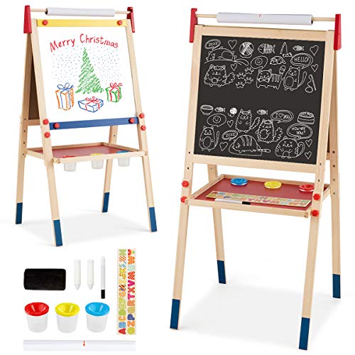 COSTWAY 3 in 1 Kinder Staffelei, Kindertafel doppelseitig, Whiteboard & Kreidetafel & Zeichenpapier, Standtafel, Spieltafel, Holztafel, höhenverstellbar, inkl. Zubehör von COSTWAY