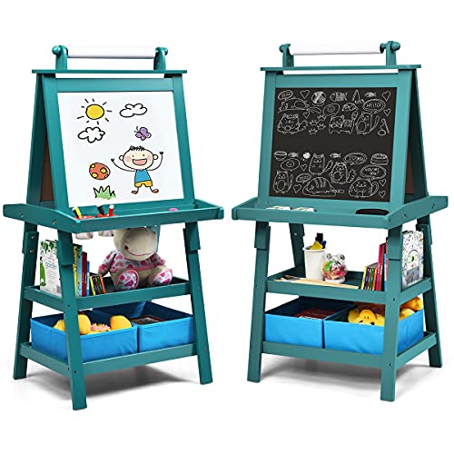 COSTWAY 3 in 1 Kinder Staffelei, Kindertafel doppelseitig, Whiteboard & Kreidetafel & Zeichenpapier, Standtafel inkl. Magneten, 2 Regalebenen Holztafel mit 2 Aufbewahrungsboxen (Blau) von COSTWAY