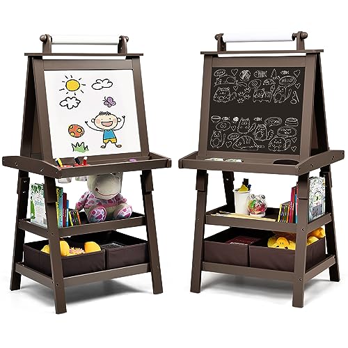 COSTWAY 3 in 1 Kinder Staffelei, Kindertafel doppelseitig, Whiteboard & Kreidetafel & Zeichenpapier, Standtafel inkl. Magneten, 2 Regalebenen Holztafel mit 2 Aufbewahrungsboxen (Kaffe) von COSTWAY