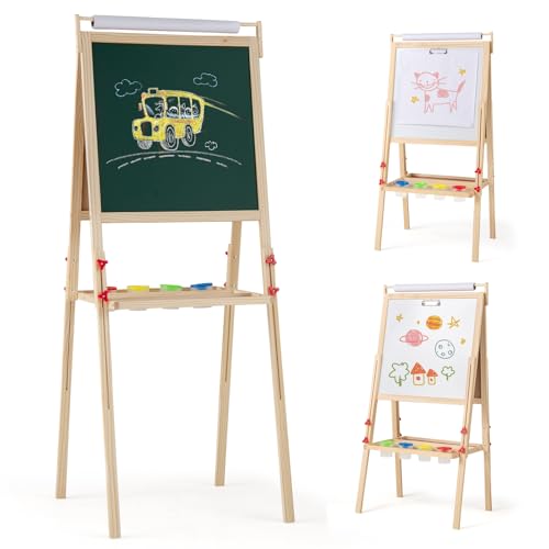 COSTWAY 3-in-1 Tafel Kinder, doppelseitige Kindertafel höhenverstellbar mit magnetischer Kreidetafel, Whiteboard, Papierrolle und 4 Farbbechern, Staffelei Standtafel für Kinder ab 3 Jahren von COSTWAY
