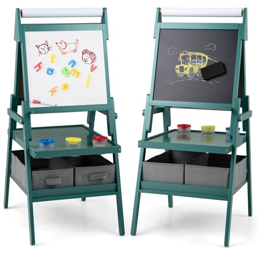 COSTWAY 3-in-1 Tafel Kinder, doppelseitige Kindertafel mit Papierrolle & magnetischer Kreidetafel & Whiteboard, inkl. 3 Farbbechern & 2 Boxen, Staffelei für Kinder ab 3 Jahren (Blau) von COSTWAY