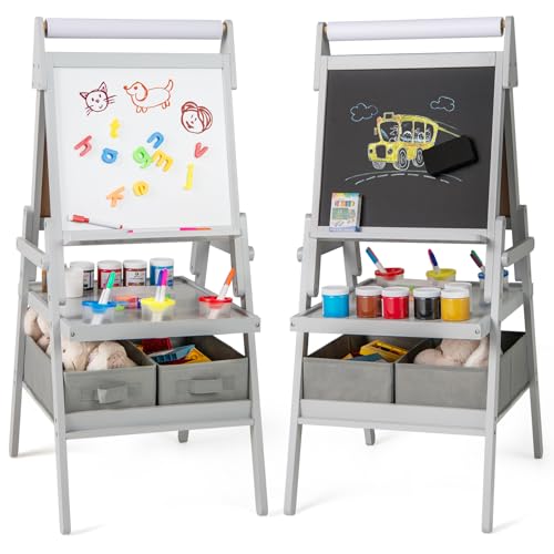 COSTWAY 3-in-1 Tafel Kinder, doppelseitige Kindertafel mit Papierrolle & magnetischer Kreidetafel & Whiteboard, inkl. 3 Farbbechern & 2 Boxen, Staffelei für Kinder ab 3 Jahren (Grau) von COSTWAY
